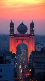 Symmetrical Mughal gateway dominates a dusk city artery