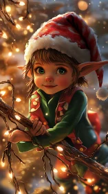Spark eyed holiday elf tangled in golden fairy lights.