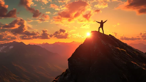 Silhouetted figure on mountain ridge at vivid sunset.