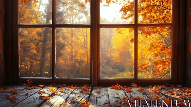 Window frame overlooks defocused autumn foliage and leaves