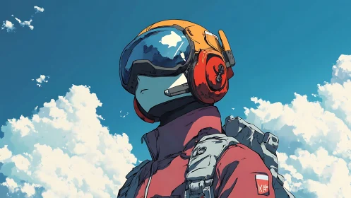 Skybound wanderer in scarlet flight gear under dreaming clouds.