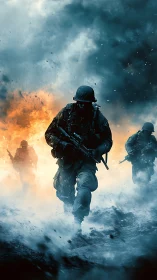 Soldiers advance through battlefield fire and smoke.
