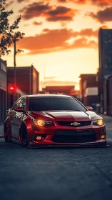 Sunset-lit red Chevy street car stands poised in city street.