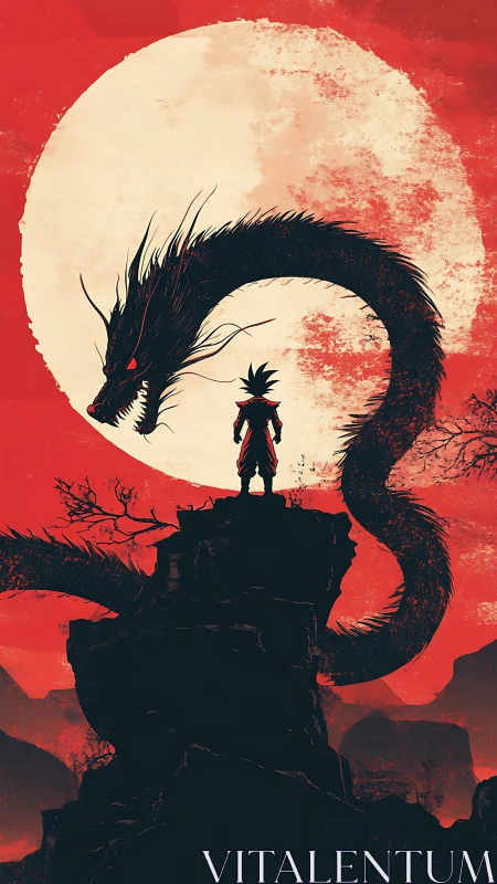 Midnight warrior meets an ancient dragon beneath a burning moon