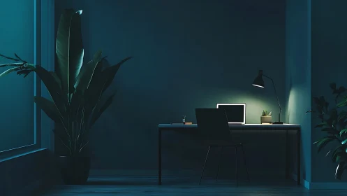 Midnight studio glow with laptop hush and towering leaves.