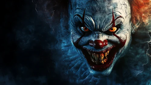 Sinister carnival clown emerging from swirling blue shadows.