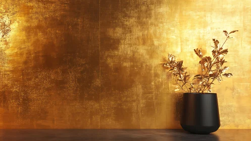 Golden wall with black vase creates minimal luxury contrast