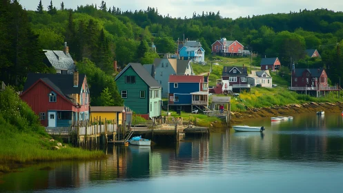 Colorful harbor village hugs calm reflective shoreline.