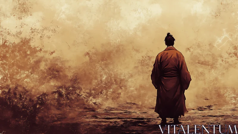 Lone samurai silhouette facing textured desert void.