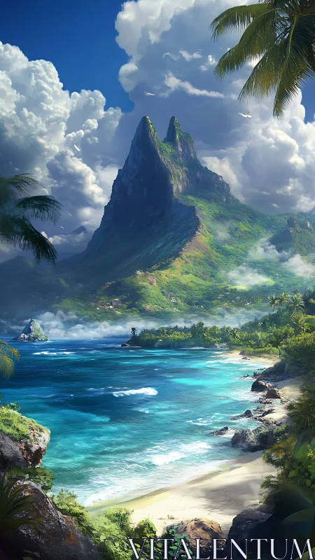 Twin-peaked volcanic mountain rises above tropical island coastline