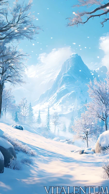 Sunlit winter mountain slope rises behind frosted forest