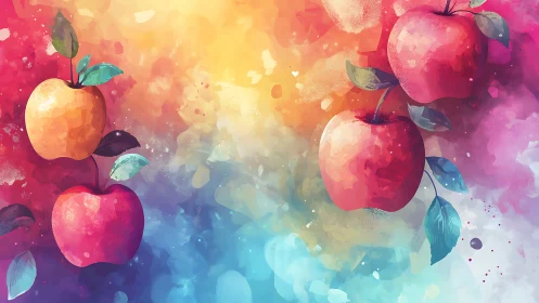 Red and yellow apples on multicolored abstract background.