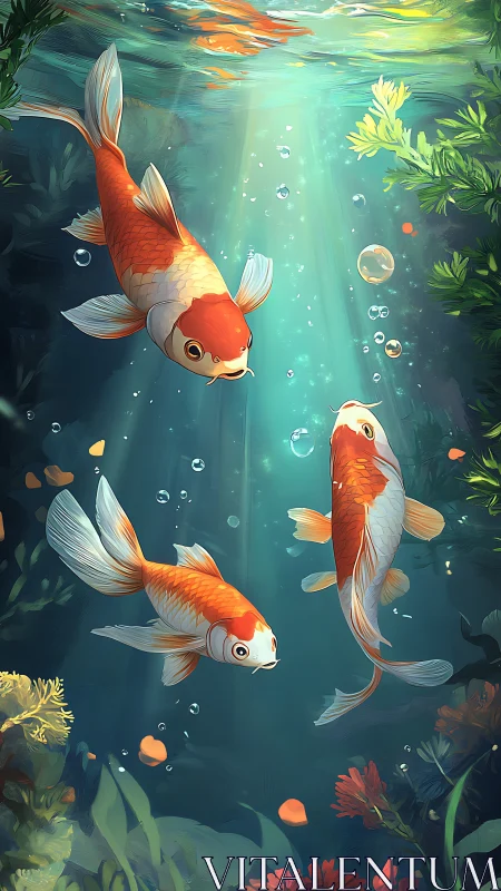 Koi fish drift through sunlit pond water among plants