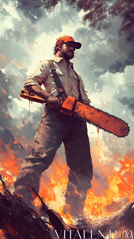 Chainsaw operator stands amid wildfire using dynamic brushwork