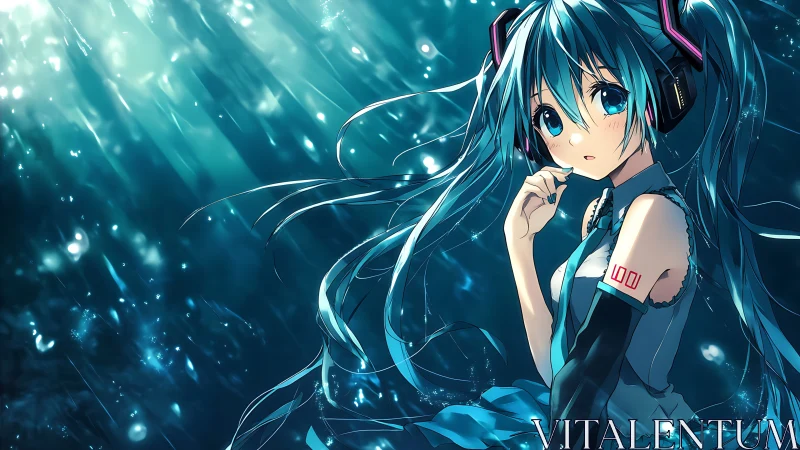 Blue haired anime girl underwater with headphones and light rays.