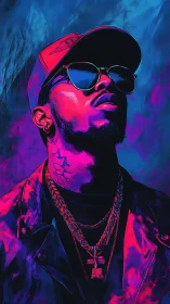 Neon-bathed portrait of urban figure in duotone vaporwave lighting.