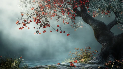 Leafy tree trunk over calm misty lake in soft light.