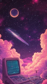 Retro command console gazes into neon cosmic horizon.