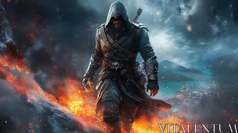 Hooded rogue strides through volcanic fire in cinematic game art