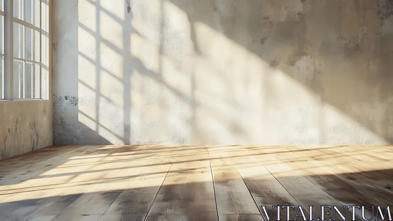 Sunlit empty room with rustic wall and wooden floor.