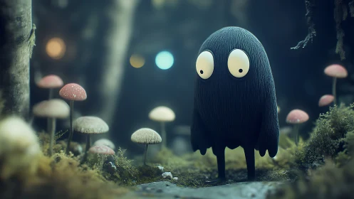 Timid black creature wandering through glowing forest mushrooms.
