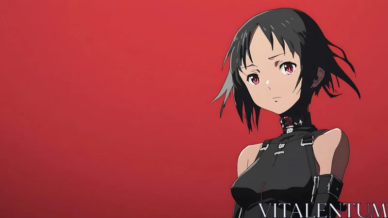 Stoic anime girl in black harness outfit on red backdrop