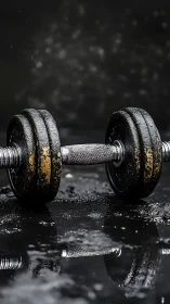 Grit-soaked iron dumbbell resting in rain-slick shadows.