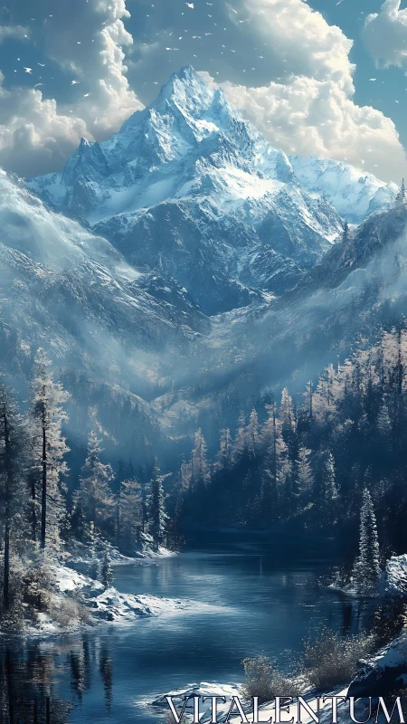 Snow covered mountain towers above frozen river valley