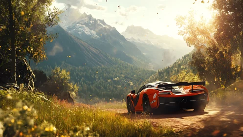 Orange sports car on rural dirt road in alpine valley at dusk.