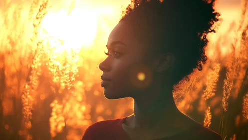 Side profile portrait in warm backlit sunset field.