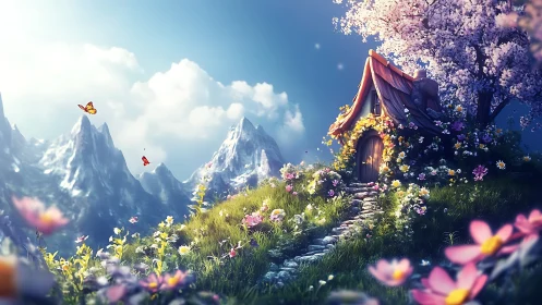 Mountain fairy cottage under blossom-lit spring skies.