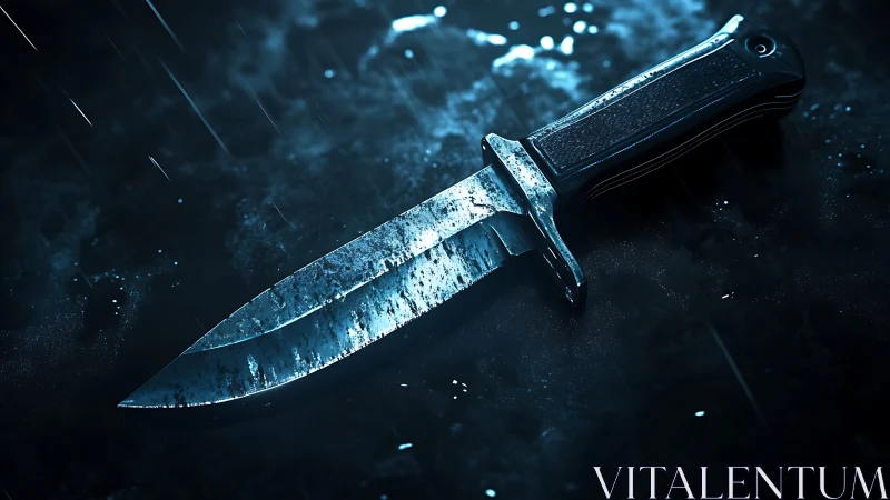 Moody blue-lit knife resting in rain-drenched darkness.