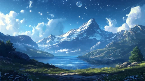 Starlit mountains lean over a glassy lake and whisper dawn