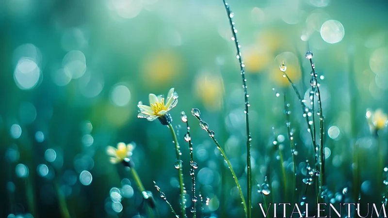 Dew-Laden Wildflowers with Atmospheric Bokeh Depth.