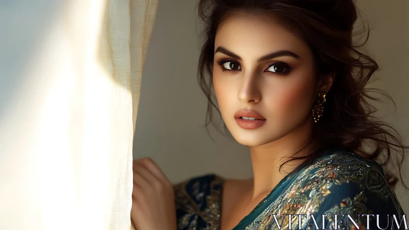 Elegant woman in embroidered saree by window, soft natural light.