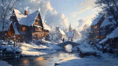 Snow-covered village bridge glows under warm winter sunset