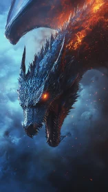 Armored fire dragon roars against stormy blue sky.
