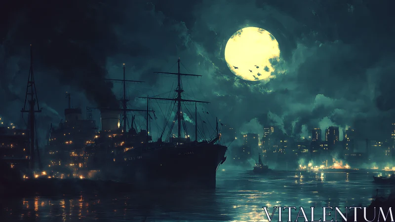 Midnight harbor glow beneath a restless storybook moon.