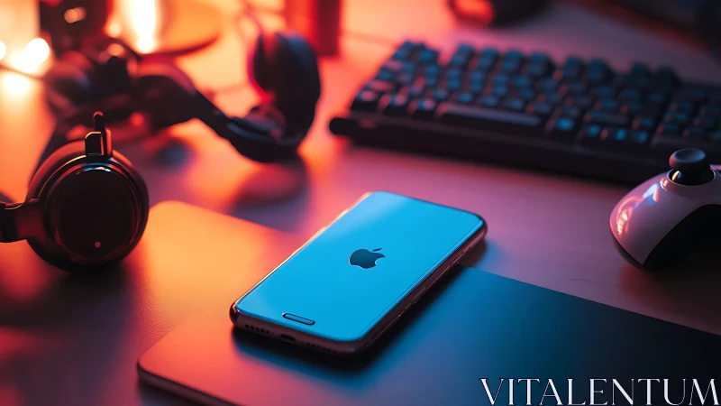 iPhone on gaming desk under neon gradient studio lighting.
