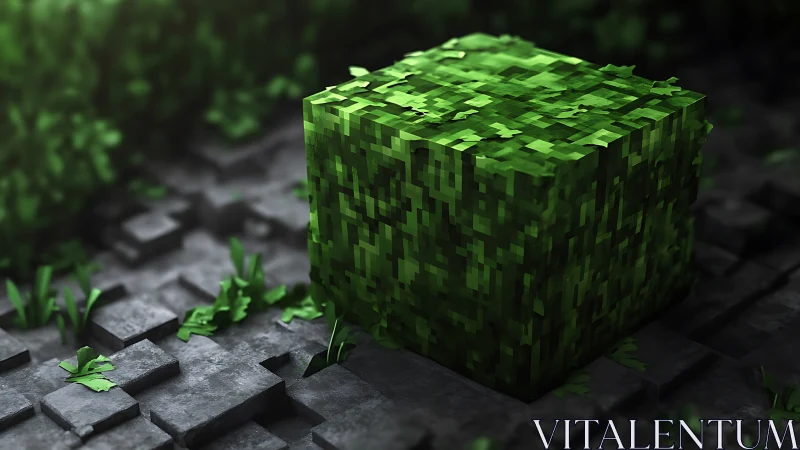 Voxel moss cube rendered with shallow depth-of-field lighting
