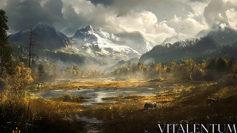 Autumn marshland beneath snow-capped alpine mountain range.