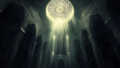 Light pierces domed skylight into vast ornate hall