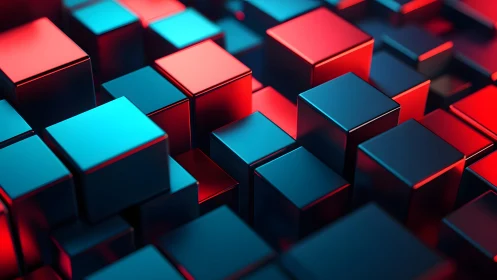 3D Abstract Cubes with Blue and Red Neon Lighting in Modern Style.