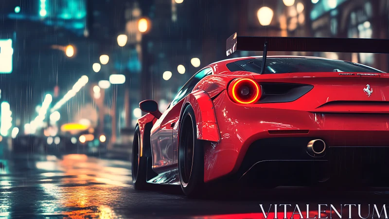 Red sports car on wet neon city street at night.