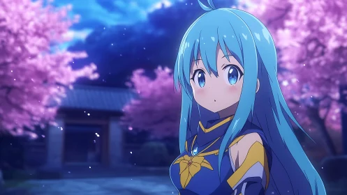 Blue-haired shrine guardian among drifting sakura dusk.