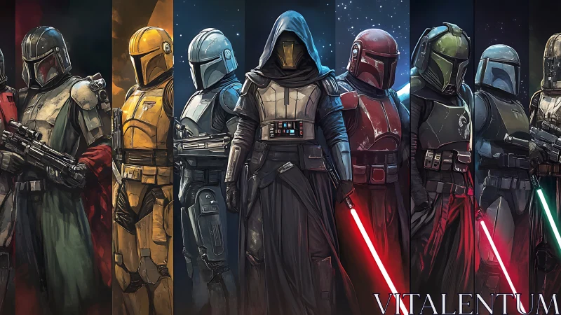 Armored sci fi warriors aligned with hooded central figure.