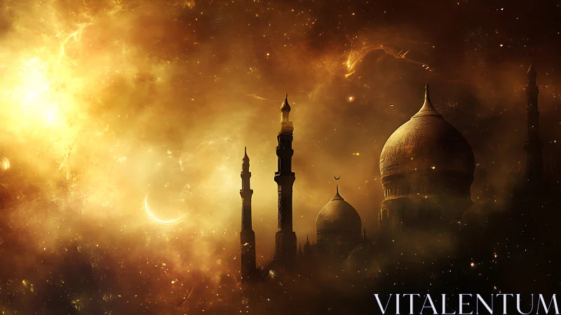 Golden cosmic sky over domed fantasy cityscape at dusk.