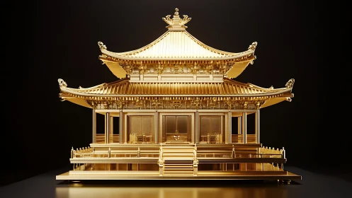Golden pagoda rendered in high-gloss 3D architectural symmetry
