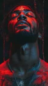 Cinematic red-blue portrait isolates a drenched male figure