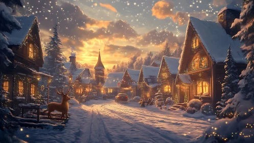 Digital painting of festive snow village at golden sunset.